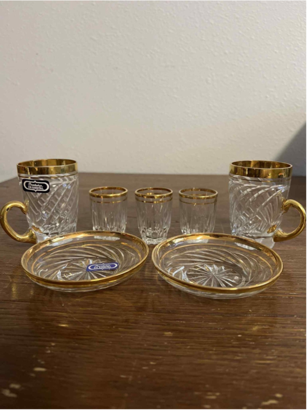 Pasabahce ER Kristal Cut Crystal Gold Rim Tea Coffee Cups Saucers Glasses Set X7